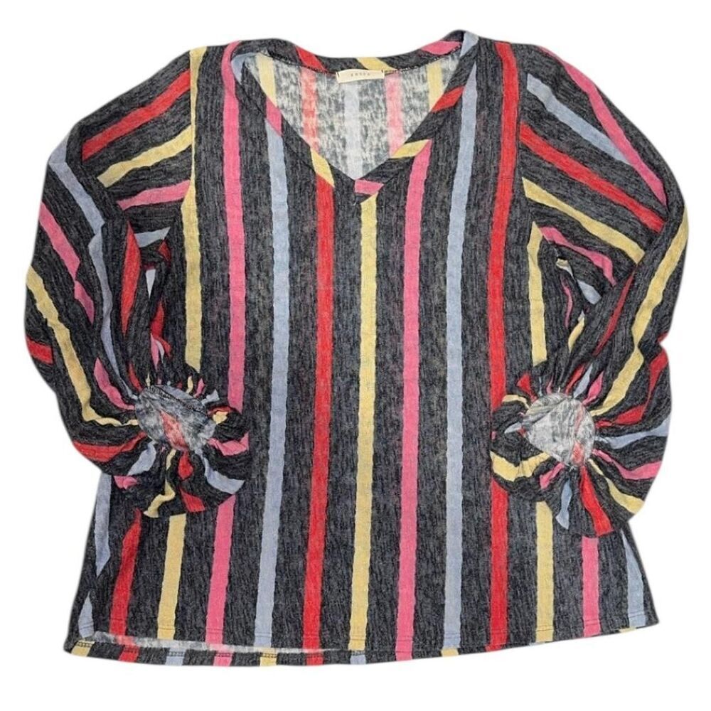 Entro Multi-coloured striped long sleeve blouse with ruffled sleeves